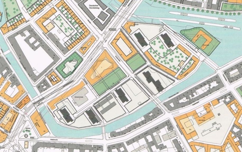 Orange sind die geplanten Neubauten im Planwerk Innenstadt für die Fischerinsel. Das Ahornblatt in der Mitte ist weg. Quelle: Senatsverwaltung für Stadtentwick-lung und Wohnen, Planwerk Innenstadt. 